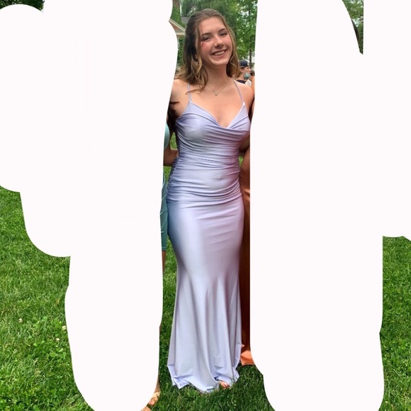 La Femme Strappy Back Ruched Trumpet Gown in Periwinkle - Picture 3 of 11